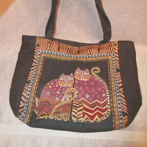 Mythical KITTY CATS Woven Tapestry TOTE Shoulder Bag LIGHTWEIGHT Embroidered XL